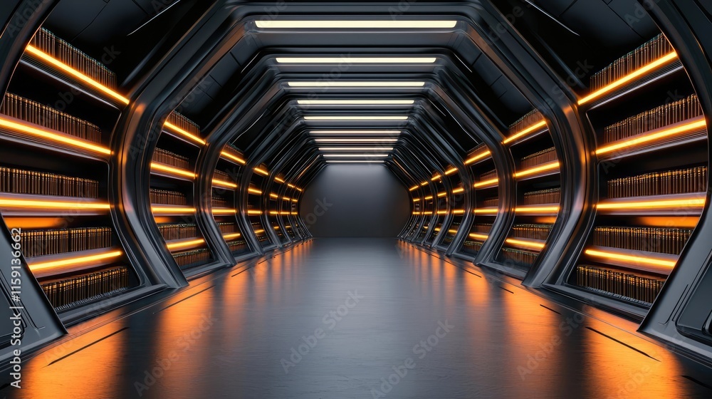 Poster futuristic library idea. futuristic corridor with illuminated shelves and sleek design, ideal for te