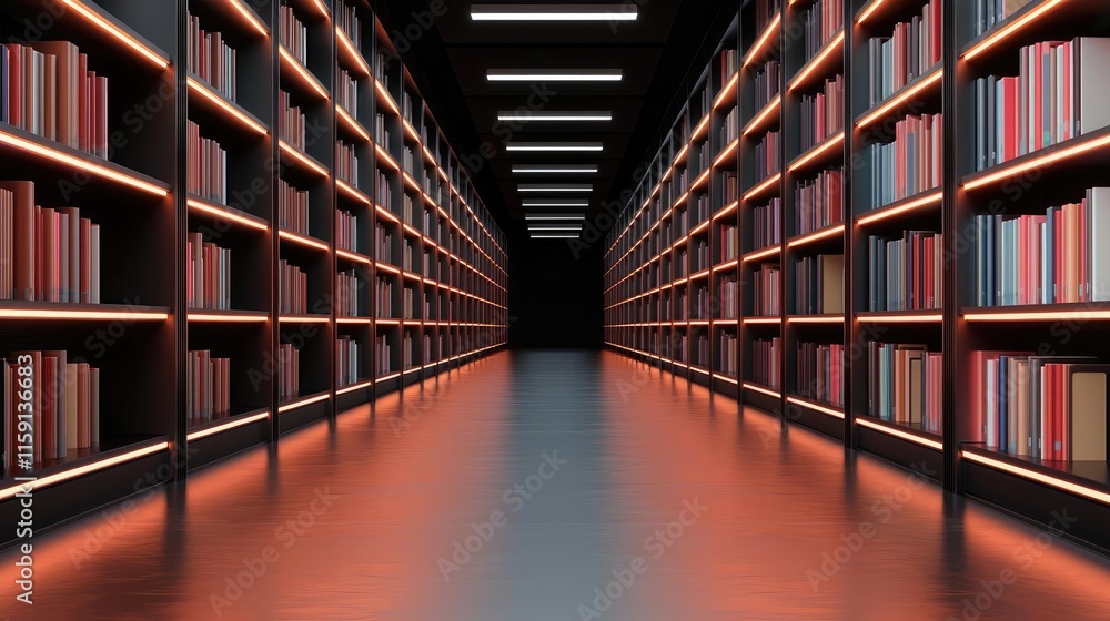 Poster futuristic library idea. dimly lit library with illuminated shelves full of books, creating an invit