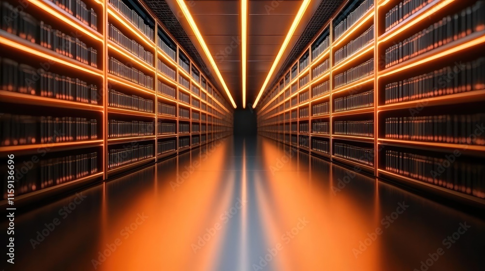 Poster futuristic library idea. a modern library interior with illuminated shelves and sleek lines creating