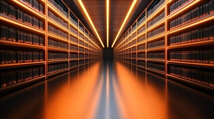 Fototapeta premium Futuristic library idea. A modern library interior with illuminated shelves and sleek lines creating a tranquil space.