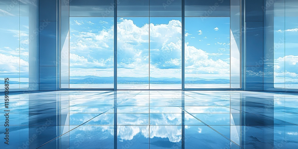 Aufkleber open space with panoramic windows offering a stunning view of clouds and mountains in a modern setti