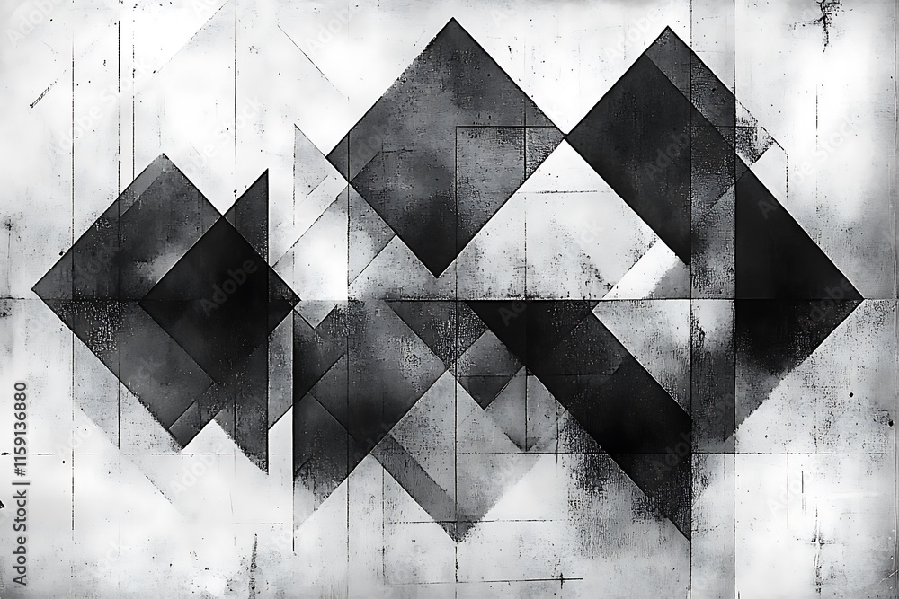 Poster abstract grayscale geometric art featuring overlapping triangles and squares