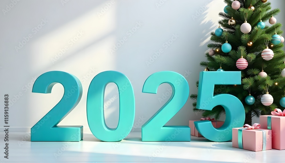 Fototapete 3d letters 2025 with blue color on show, happy new year and christmas tree with new concept backgrou