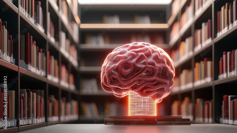 Poster futuristic library idea. a futuristic brain sculpture in a library symbolizing knowledge and innovat