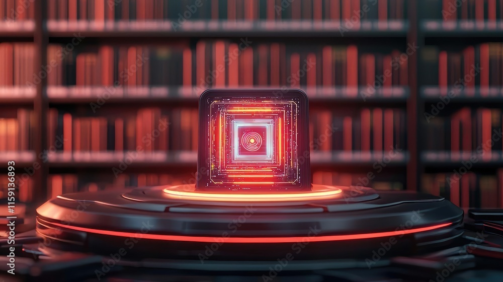 Poster futuristic library idea. a futuristic glowing cube surrounded by books, representing advanced knowle
