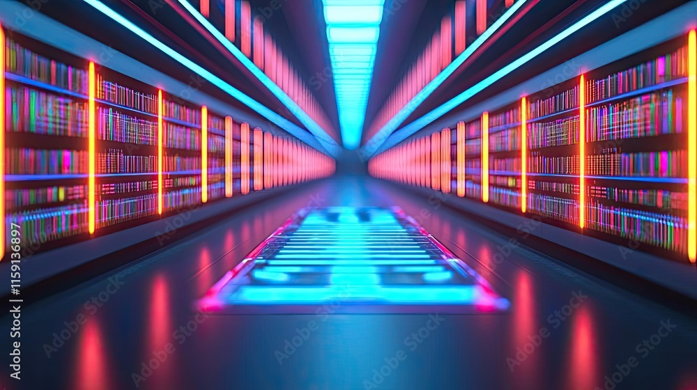 Poster futuristic library idea. futuristic data center corridor illuminated by neon lights and rows of serv