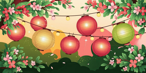 Festive Asian Lanterns Blooming Flowers String Lights Celebration