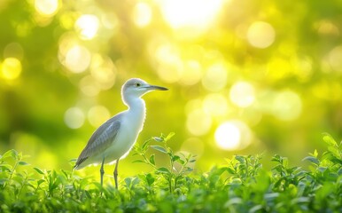 Fototapeta premium Tranquil Moment of a Heron Standing Gracefully Among Lush Green Foliage Against a Warmly Lit Background with a Soft Bokeh Effect in Nature