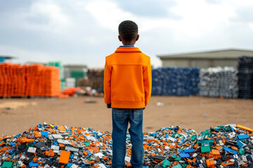 A child stands on a colorful pile of discarded materials, gazing into the distance, symbolizing hope amidst environmental challenges.