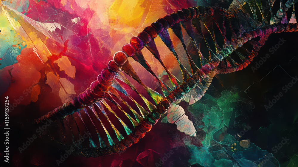 Poster vibrant and creative interpretation of dna as colorful canvas, showcasing intricate details and dyna