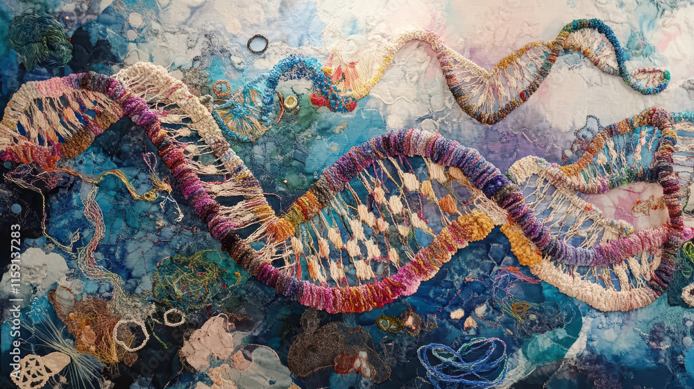 Poster creative interpretation of dna as colorful tapestry woven with threads, showcasing intricate pattern