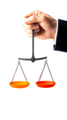 A hand holds a balanced scale with orange pans, symbolizing justice, fairness, and the weighing of options or outcomes.