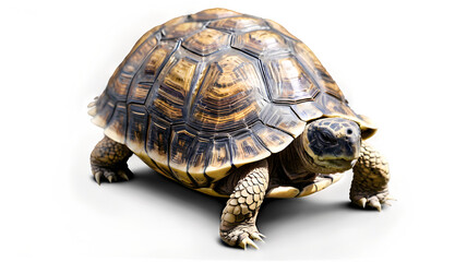 A tortoise slowly emerging from its shell, showcasing its intricate shell patterns against a clean white background.
