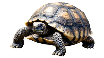 Fototapeta premium A tortoise slowly emerging from its shell, showcasing its intricate shell patterns against a clean white background. 