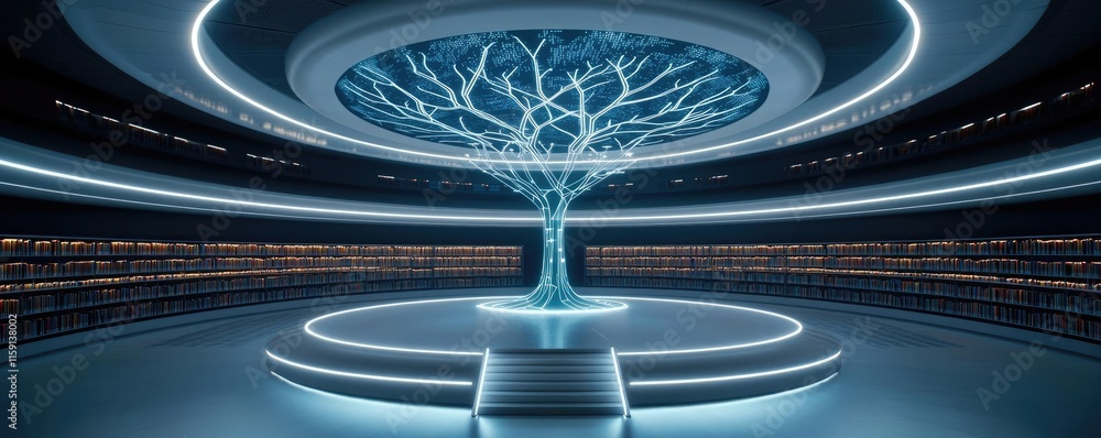 Poster futuristic library idea. a futuristic tree design themed around technology in a modern setting.