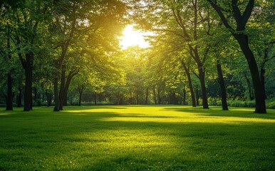 Tranquil Sunlight Illuminating Lush Green Park Surrounded by Majestic Trees in a Peaceful Natural Setting at Dusk