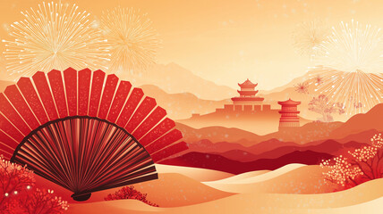 A vibrant Chinese New Year-themed design featuring traditional elements like red lanterns, gold coins, and blooming cherry blossoms, arranged artfully around a clean negative space ideal for text 