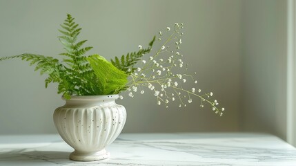 A delicate, frilly, maidenhair fern leaf rests on a white table, with a lovely, antique vase behind