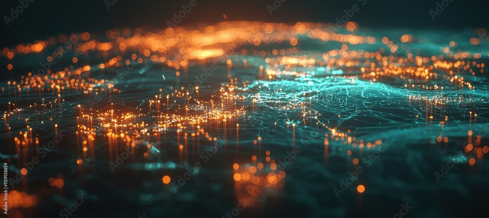 Poster global connectivity concept with digital nodes and glowing paths for technological dependence