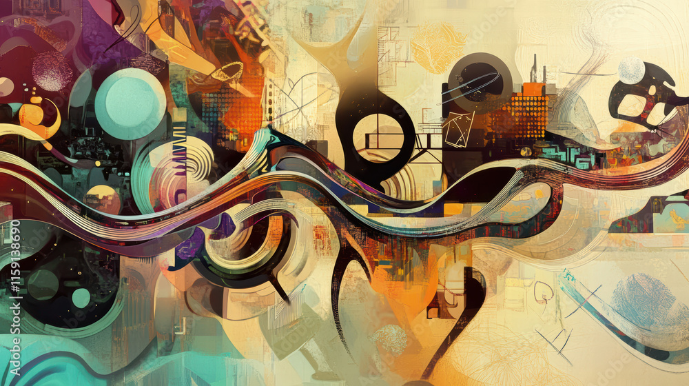 Poster vibrant digital art piece featuring abstract shapes, colors, and patterns, blending urban elements w