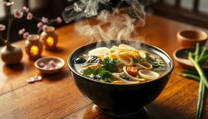 Meal soup vegetable japanese background food hot bowl onion noodle asian. .