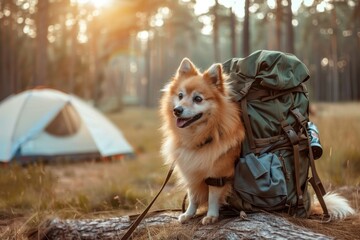 Dog exploring nature with backpack
