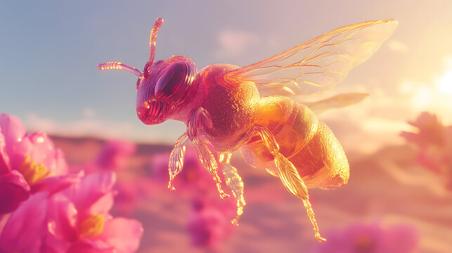 Golden Hour Glass Bee Among Blooming Flowers