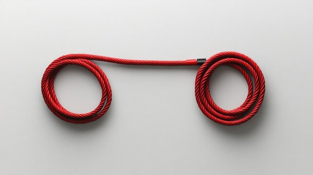 Red braided rope arranged in two circles connected by a straight segment on white background.