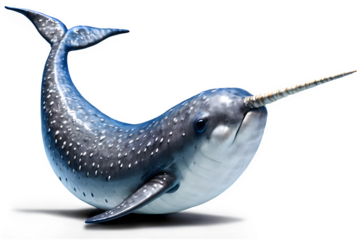 A narwhal swimming gracefully, showcasing its long tusk and unique features against a clean white background.
