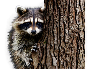 A raccoon with its mask-like face and nimble paws, curiously peeking out from behind a tree branch on a clean white backdrop.
