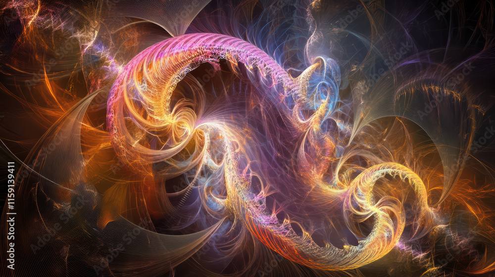 Poster vibrant abstract image featuring dynamic swirling patterns in bright colors, showcasing intricate de