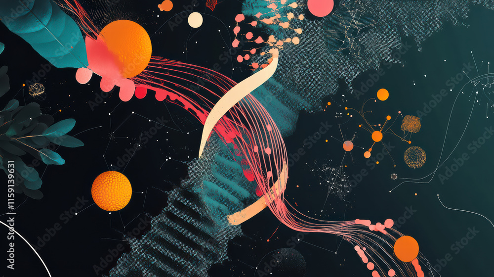 Poster vibrant digital artwork featuring abstract shapes, dna strands, and colorful elements. composition b