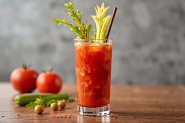 "Bloody Mary cocktail with vodka, tomato juice, and garnishes of celery and olives, perfect for showcasing a classic spicy drink.