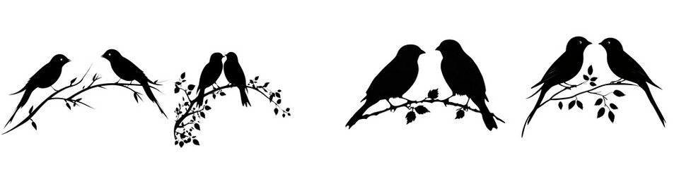 Fototapeta premium Silhouette of a Pair of Birds Perched on a Stitched Line Against a Simple Background