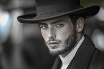 Young orthodox jewish man in traditional attire and black hat
