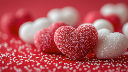 Fototapeta premium Colorful heart-shaped candy displayed on a vibrant red background