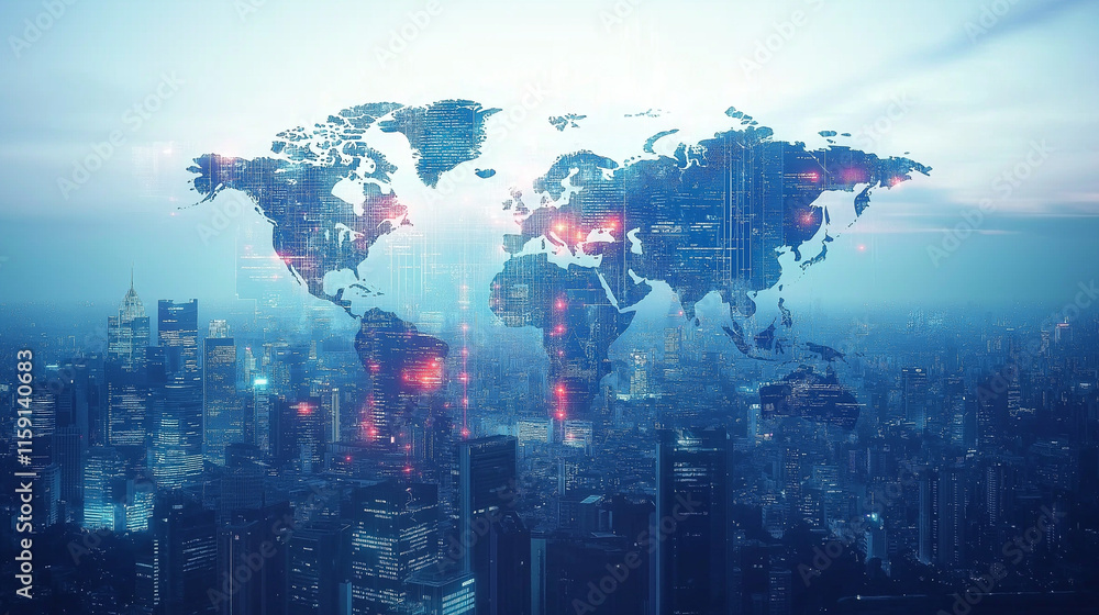 Poster global network: a futuristic cityscape merges with a world map, symbolizing global connectivity and 