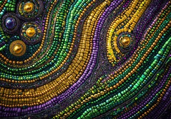 Vibrant Abstract Texture Featuring Colorful Beads in Rich Greens, Yellows, and Purples, Capturing Depth and Intricate Patterns in a Stunning Close-Up Design
