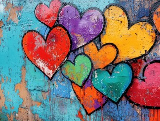 Obraz premium Vibrant graffiti hearts on colorful urban wall. Abstract street art with bold patterns, dynamic textures, and modern artistic expression.