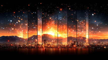Cityscape at Dawn: A breathtaking, surreal cityscape at sunrise, with fiery orange and red hues, and a collage-like effect creating a dynamic and energetic feel.