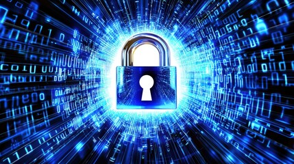 Digital padlock glowing against a background of binary code, symbolizing cybersecurity, data protection, encryption, and the innovation of secure technology in the digital age.