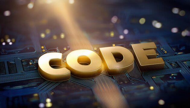 Golden 3D Text with the Word 'CODE' on Circuit Board Background - Powered by Adobe