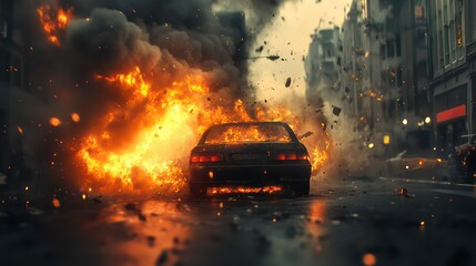 Apocalypse, fire and explosion with car in city for disaster, accident and damage, Danger, smoke and ai generated with burning vehicle in road for smoke catastrophe, armageddon and emergency