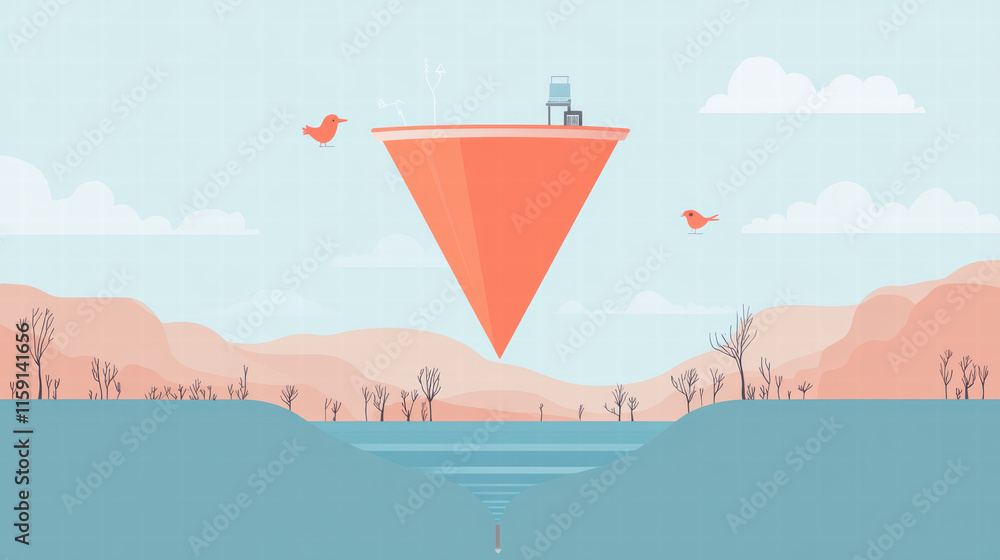 Poster surreal illustration of floating triangular structure above serene landscape, featuring chair and bi