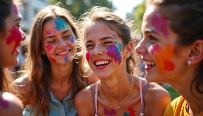 Fototapeta premium Four happy young women with colorful face paint celebrating International Day of Friendship
