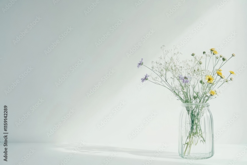 Aufkleber minimalist still life of wildflowers in a clear glass vase with ample space for text or design. gene