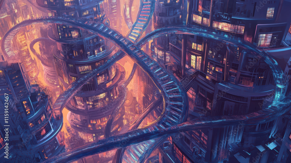 Poster futuristic cityscape with intertwined tracks and glowing buildings, showcasing vibrant urban environ