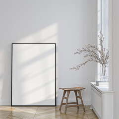 Frame mockup, ISO A paper size. Living room wall poster mockup. Interior mockup with house background. Modern interior design. 3D render
