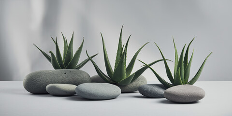 Fototapeta premium Tranquil Aloe Vera Plants on Grey Stones Spa Wellness