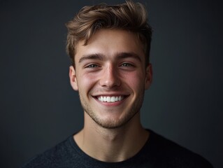 Fototapeta premium Portrait of a confident young man with a bright, friendly smile against a dark background, showcasing warmth, charisma, and approachable positivity.